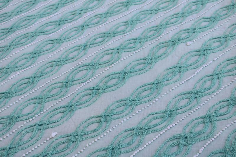 photo of vintage cotton chenille bedspread, mint green w/ white bias striped twin size spread  #10