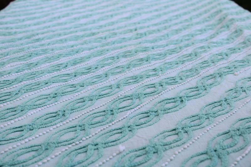 photo of vintage cotton chenille bedspread, mint green w/ white bias striped twin size spread  #11