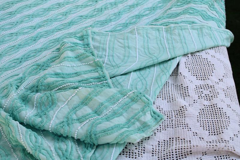 photo of vintage cotton chenille bedspread, mint green w/ white bias striped twin size spread  #12