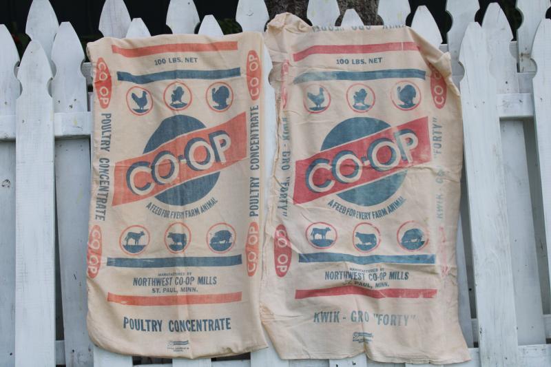 photo of vintage cotton chicken feed bags, feedsacks w/ red & blue printed advertising graphics #1