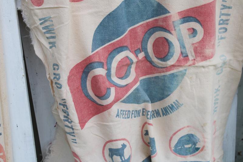 photo of vintage cotton chicken feed bags, feedsacks w/ red & blue printed advertising graphics #3