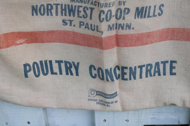 photo of vintage cotton chicken feed bags, feedsacks w/ red & blue printed advertising graphics #4