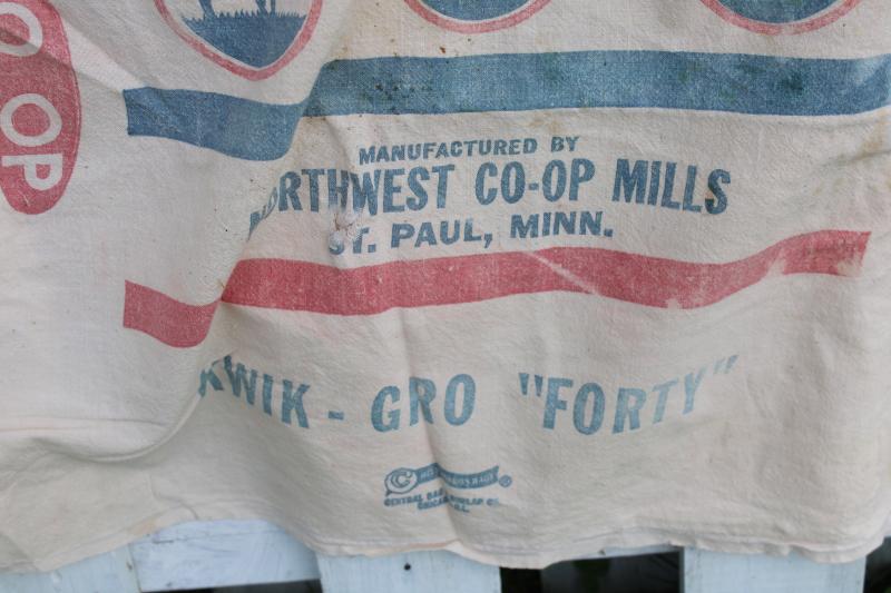 photo of vintage cotton chicken feed bags, feedsacks w/ red & blue printed advertising graphics #5