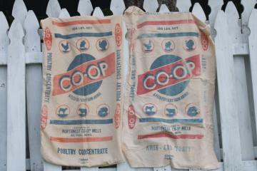 catalog photo of vintage cotton chicken feed bags, feedsacks w/ red & blue printed advertising graphics