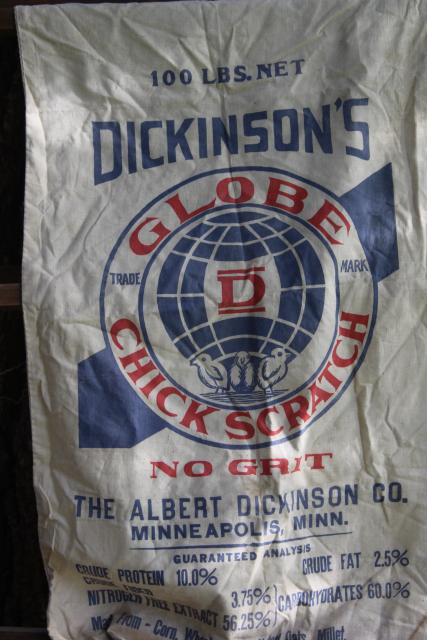 photo of vintage cotton chicken feed sack w/ printed ad graphics Globe chick scratch No Grit #1