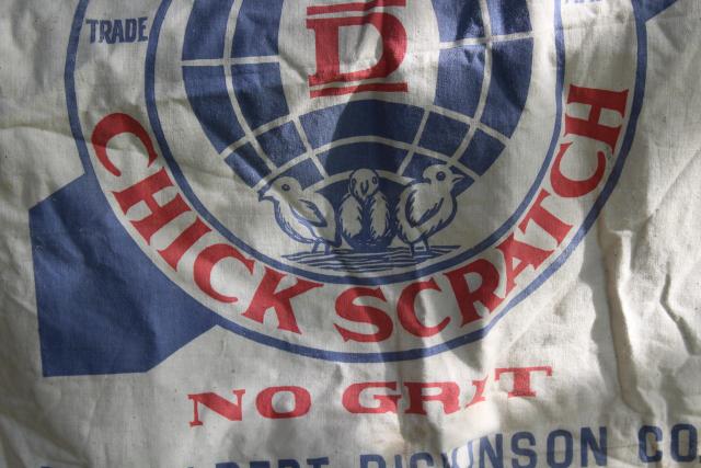 photo of vintage cotton chicken feed sack w/ printed ad graphics Globe chick scratch No Grit #2