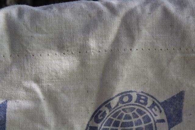 photo of vintage cotton chicken feed sack w/ printed ad graphics Globe chick scratch No Grit #5