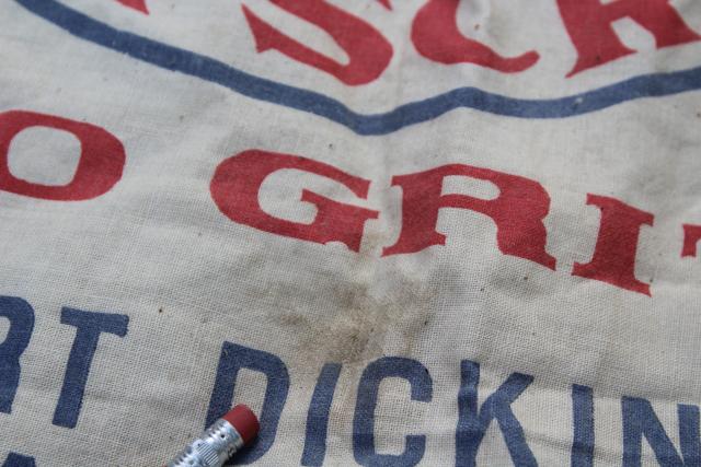 photo of vintage cotton chicken feed sack w/ printed ad graphics Globe chick scratch No Grit #7