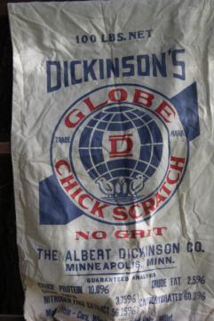 catalog photo of vintage cotton chicken feed sack w/ printed ad graphics Globe chick scratch No Grit