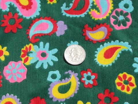 photo of vintage cotton corduroy fabric, big bright retro 60s paisley print #1