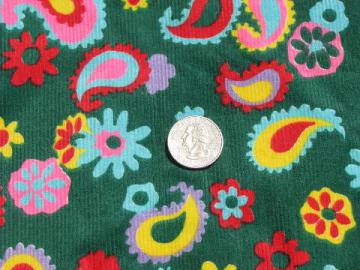 catalog photo of vintage cotton corduroy fabric, big bright retro 60s paisley print