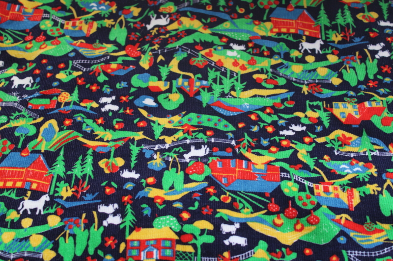 photo of vintage cotton corduroy fabric, soft pinwale cord w/ farm scenes colorful print on navy blue #1