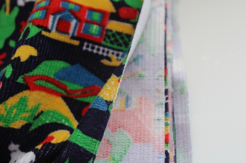 photo of vintage cotton corduroy fabric, soft pinwale cord w/ farm scenes colorful print on navy blue  #2