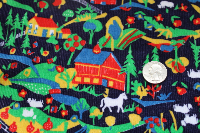 photo of vintage cotton corduroy fabric, soft pinwale cord w/ farm scenes colorful print on navy blue  #3