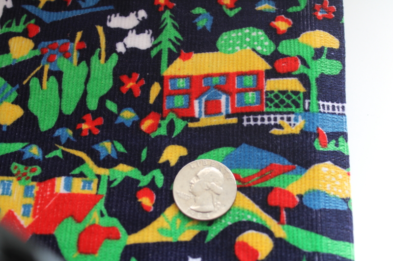 photo of vintage cotton corduroy fabric, soft pinwale cord w/ farm scenes colorful print on navy blue  #4