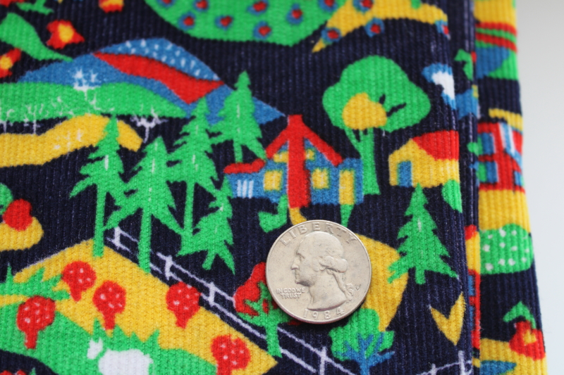 photo of vintage cotton corduroy fabric, soft pinwale cord w/ farm scenes colorful print on navy blue  #5