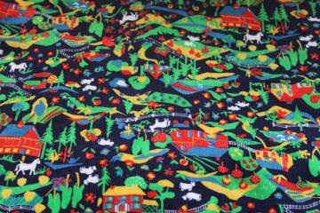 catalog photo of vintage cotton corduroy fabric, soft pinwale cord w/ farm scenes colorful print on navy blue 