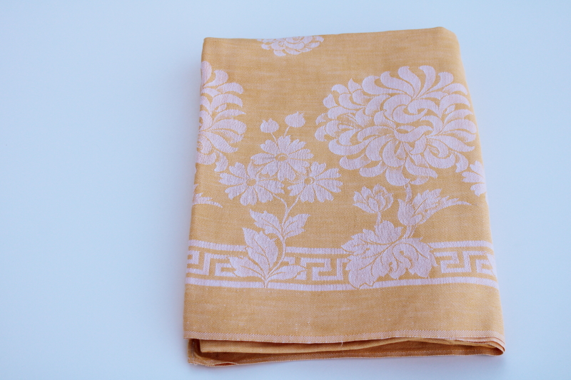 photo of vintage cotton damask fabric tablecloth, gold w/ white woven floral chrysanthemums for fall harvest table  #1