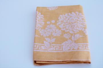 vintage cotton damask fabric tablecloth, gold w/ white woven floral chrysanthemums for fall harvest table 