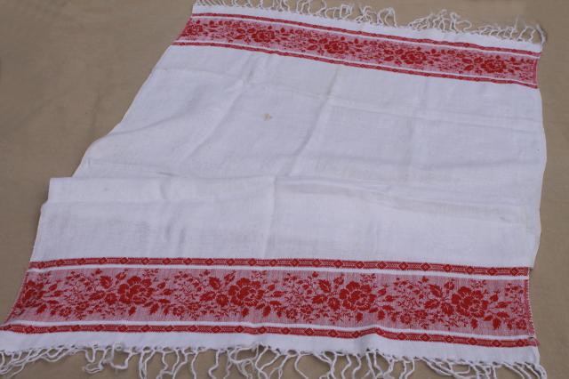 photo of vintage cotton damask table runner kitchen cloth towel w/ red rose border #1