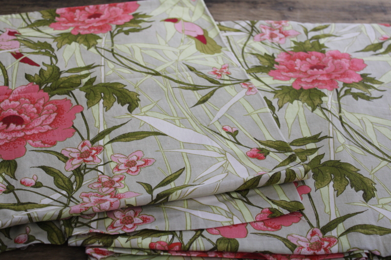 photo of vintage cotton decorator fabric, Dorothy Draper style chinoiserie floral print pink & green #1