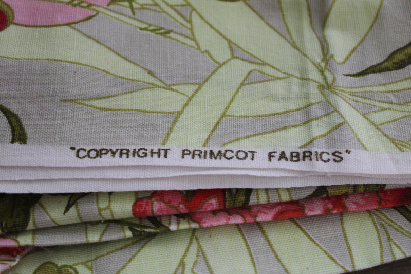 photo of vintage cotton decorator fabric, Dorothy Draper style chinoiserie floral print pink & green #4