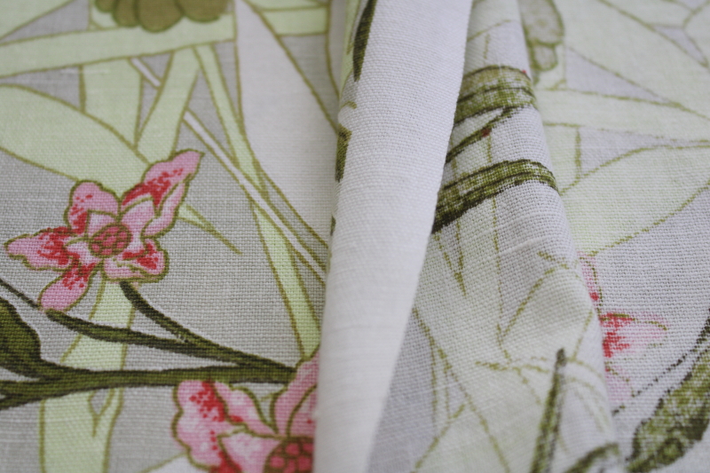 photo of vintage cotton decorator fabric, Dorothy Draper style chinoiserie floral print pink & green #5