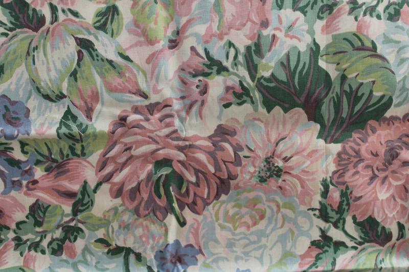 photo of vintage cotton decorator fabric, Glory of the Garden floral print, soft pink & blue flowers #1