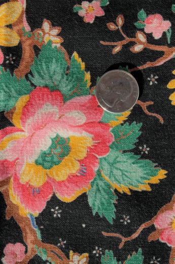 photo of vintage cotton decorator fabric, chinoiserie print on black, chinese peony tree of life  #2