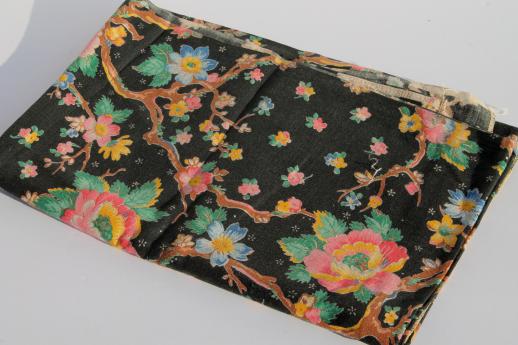 photo of vintage cotton decorator fabric, chinoiserie print on black, chinese peony tree of life  #4