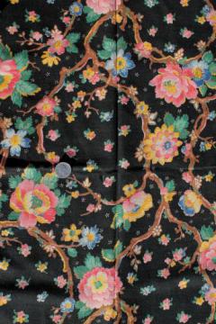 catalog photo of vintage cotton decorator fabric, chinoiserie print on black, chinese peony tree of life 