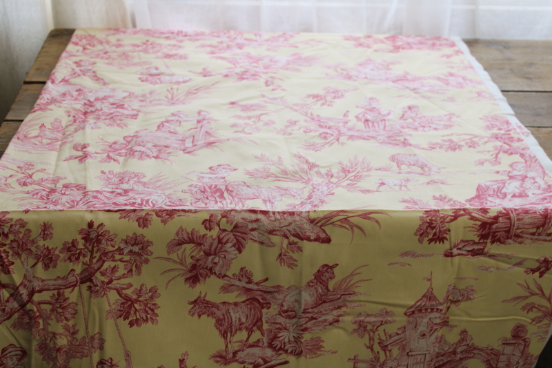 photo of vintage cotton decorator fabric, french country style toile print barn red on pale yellow #1