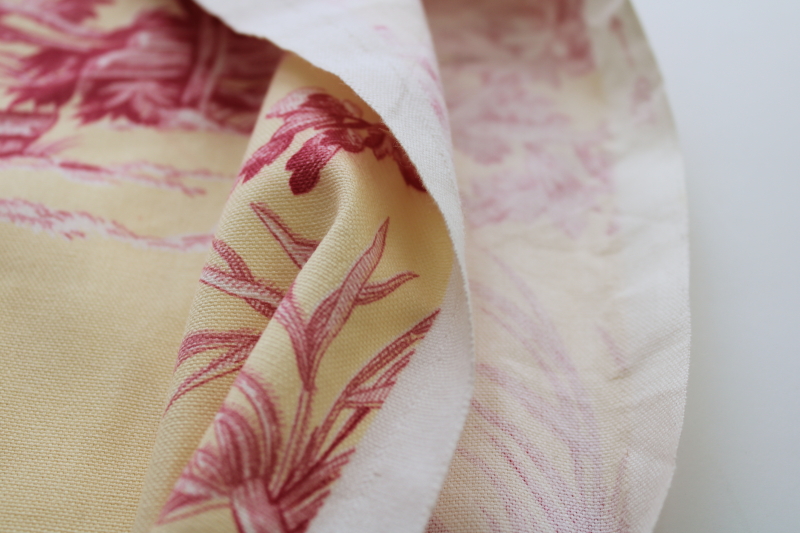 photo of vintage cotton decorator fabric, french country style toile print barn red on pale yellow  #2