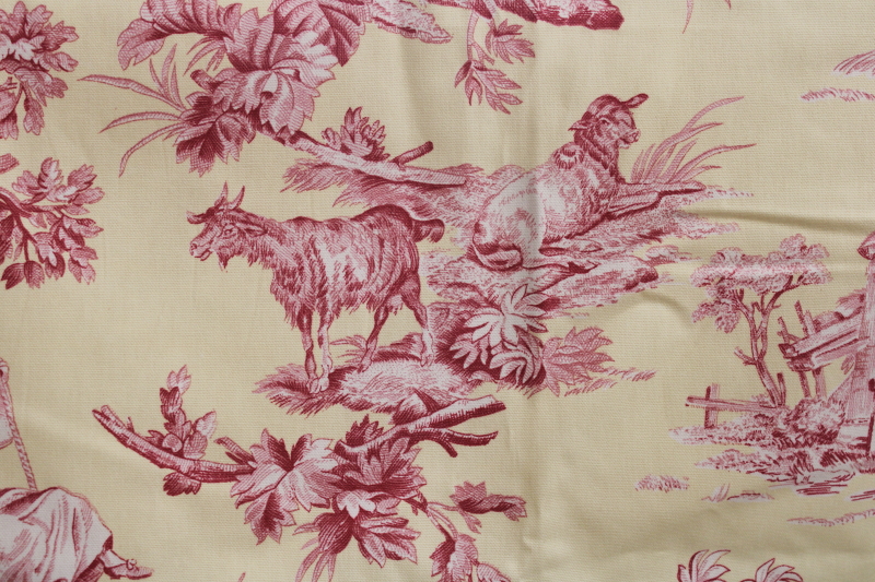 photo of vintage cotton decorator fabric, french country style toile print barn red on pale yellow  #3