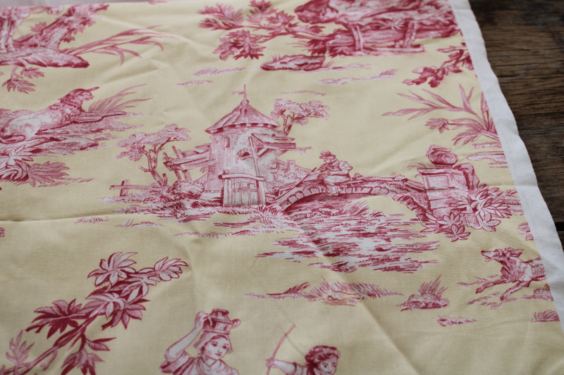 photo of vintage cotton decorator fabric, french country style toile print barn red on pale yellow  #4