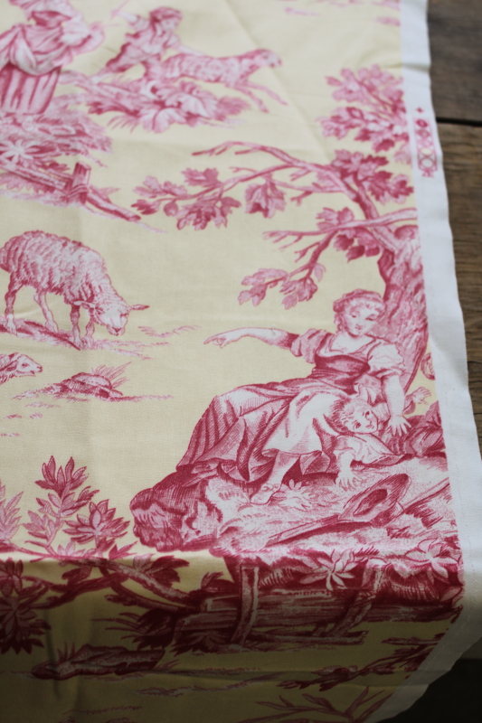photo of vintage cotton decorator fabric, french country style toile print barn red on pale yellow  #5