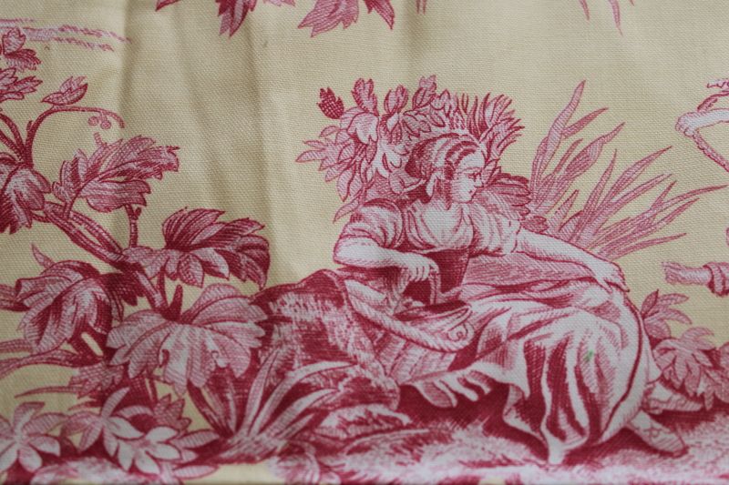 photo of vintage cotton decorator fabric, french country style toile print barn red on pale yellow  #6