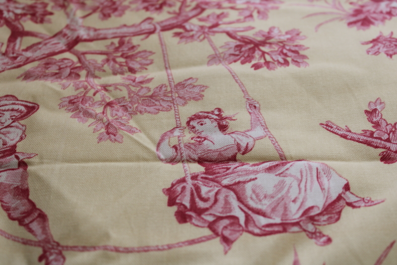 photo of vintage cotton decorator fabric, french country style toile print barn red on pale yellow  #7