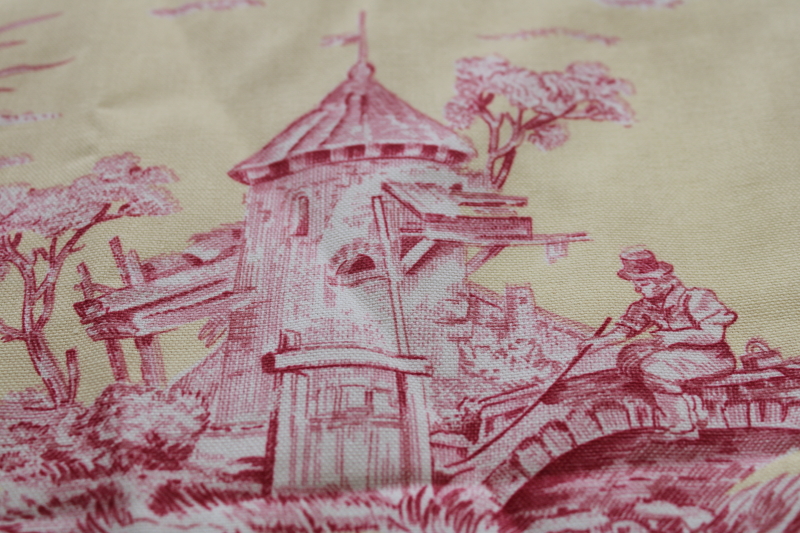photo of vintage cotton decorator fabric, french country style toile print barn red on pale yellow  #8