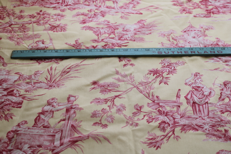 photo of vintage cotton decorator fabric, french country style toile print barn red on pale yellow  #9