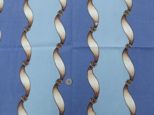 photo of vintage cotton decorator upholstery fabric, twisting ribbons on blue #1