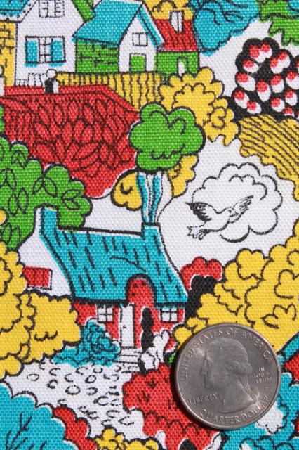 photo of vintage cotton duck fabric, cottage print tiny houses in bright colors #2