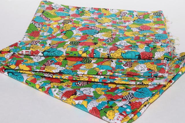 photo of vintage cotton duck fabric, cottage print tiny houses in bright colors #4