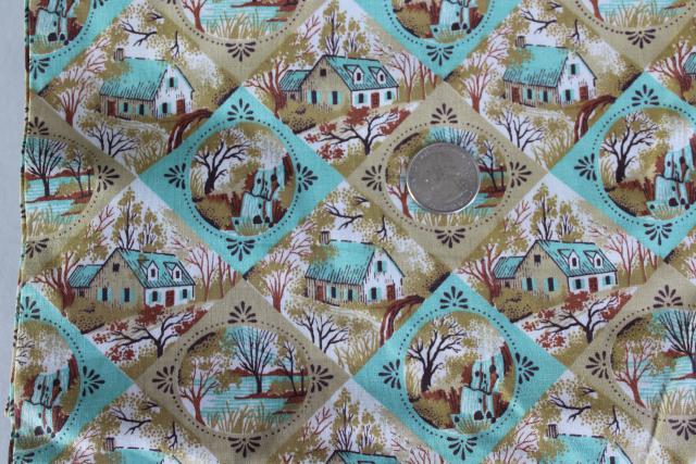 photo of vintage cotton fabric, Currier and Ives scenes print in mint green & tan #1