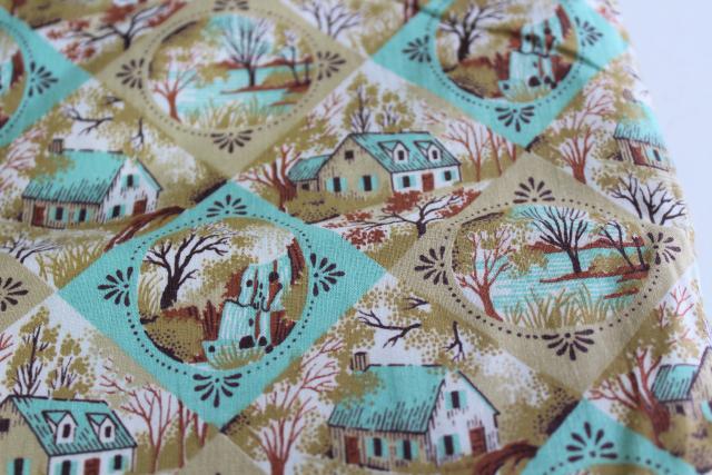 photo of vintage cotton fabric, Currier and Ives scenes print in mint green & tan #3