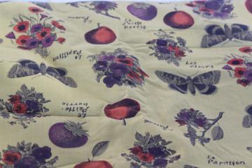 catalog photo of vintage cotton fabric, French botanical print fruit butterflies 7 yds 38 wide