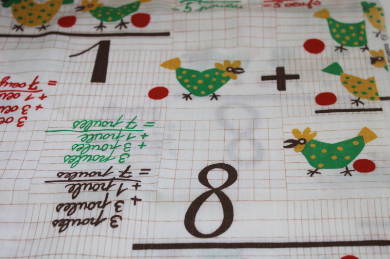 photo of vintage cotton fabric, French hens chicken print w/ arithmetic equations, math nerd geek chic! #3