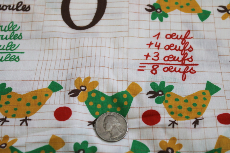 photo of vintage cotton fabric, French hens chicken print w/ arithmetic equations, math nerd geek chic! #4