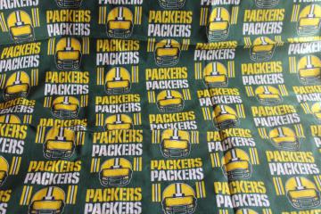 catalog photo of vintage cotton fabric Green Bay Packers football helmets print green & gold