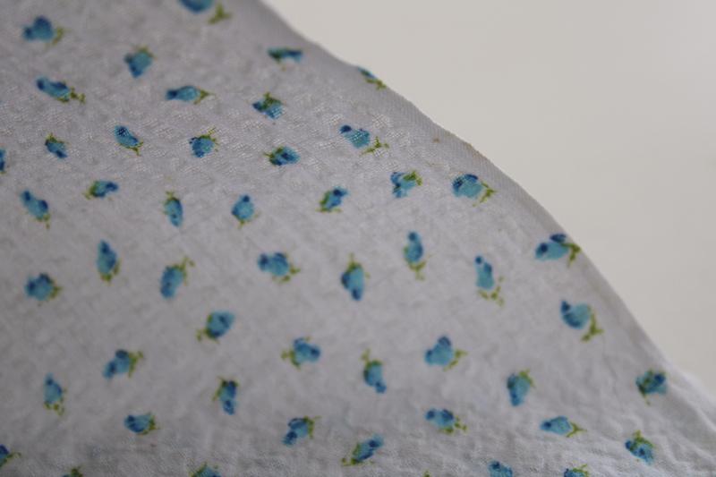 photo of vintage cotton fabric, blue rosebuds print on white crinkle plisse #3